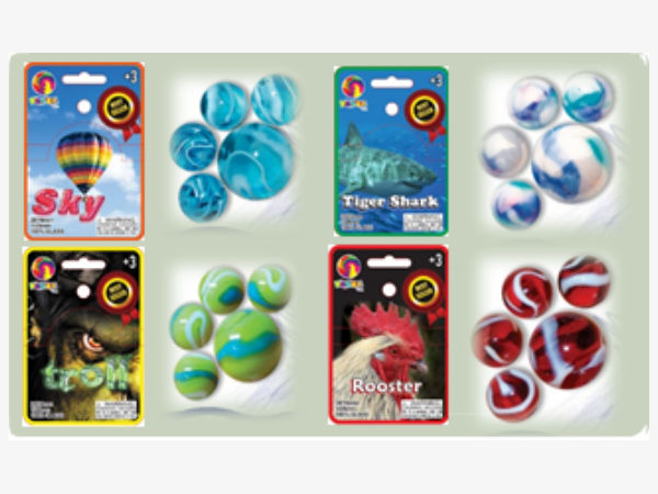 Knikkers 20/16mm + 1/25mm Sky, Troll, Tigershark en Rooster