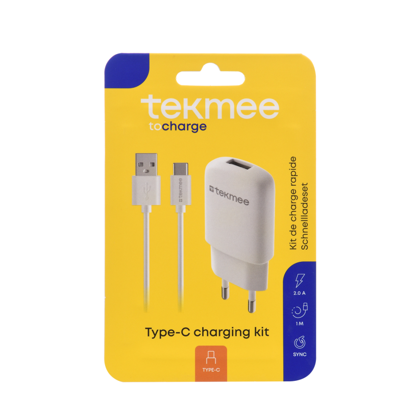 Tekmee thuislader 2.0A set USB / USB-C 1m