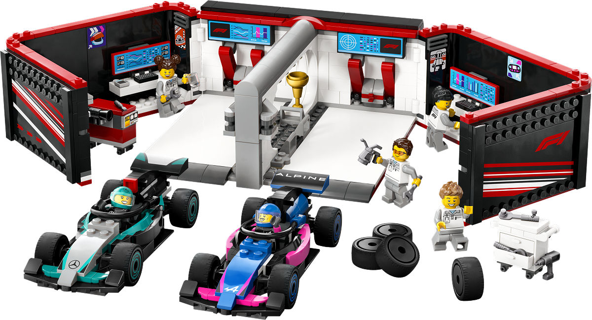 LEGO City F1 garage met Mercedes-AMG en Alpine auto's