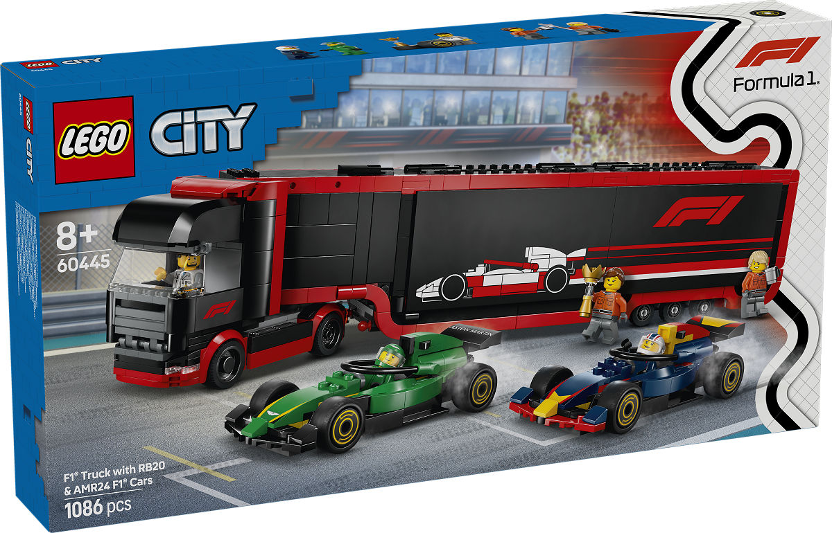 LEGO City F1 truck met RB20 en AMR24 F1 auto's