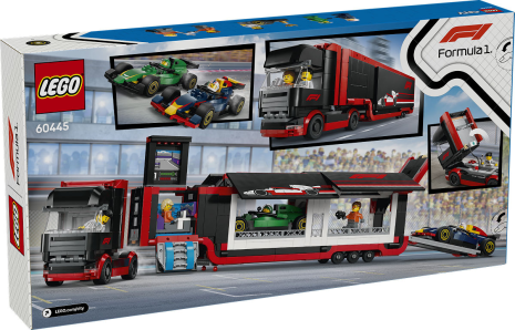 LEGO City F1 truck met RB20 en AMR24 F1 auto's