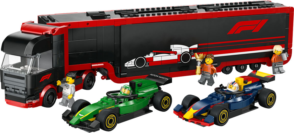 LEGO City F1 truck met RB20 en AMR24 F1 auto's