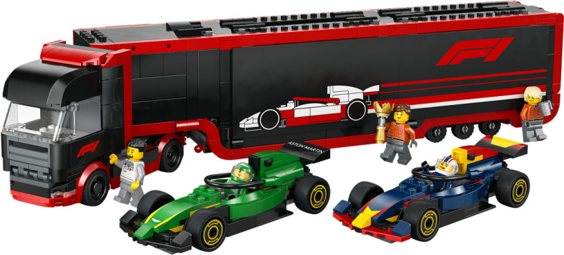 LEGO City F1 truck met RB20 en AMR24 F1 auto's