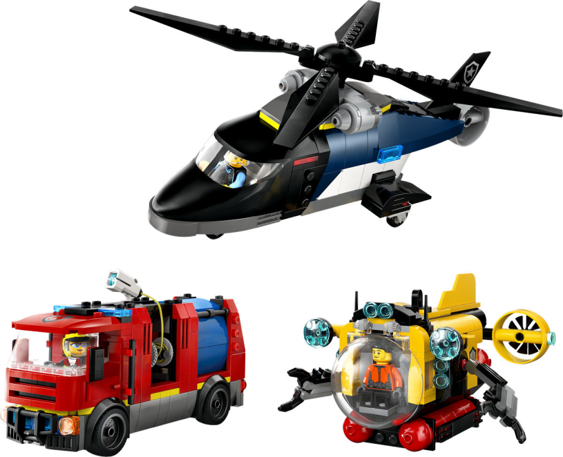 LEGO City Voertuigen Helikopter, brandweerauto en onderzeeër