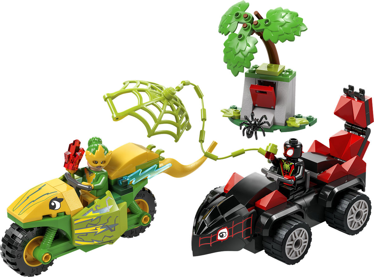 LEGO Spidey Spin en Electro achtervolging met dinovoertuigen