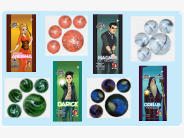 Knikkers 20/16mm + 1/25mm Aneisha, Odelus, Darick en Magnus