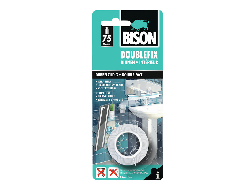 Bison Doublefix Binnen rol 1,5m x 19mm wit kaart