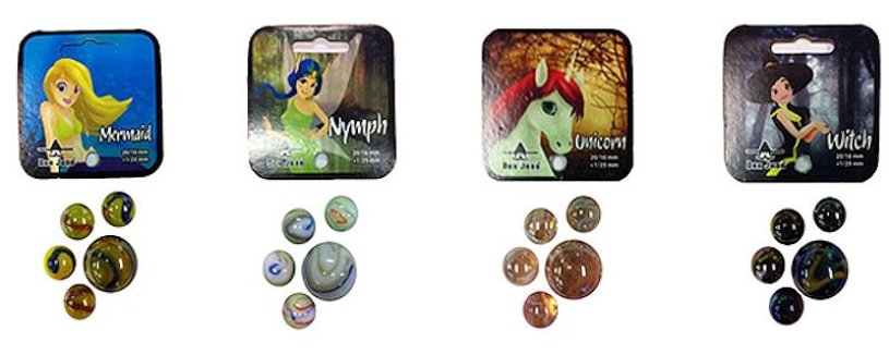 Knikkers 20/16mm + 1/25mm Mermaid,Nymph,Unicorn en Witch