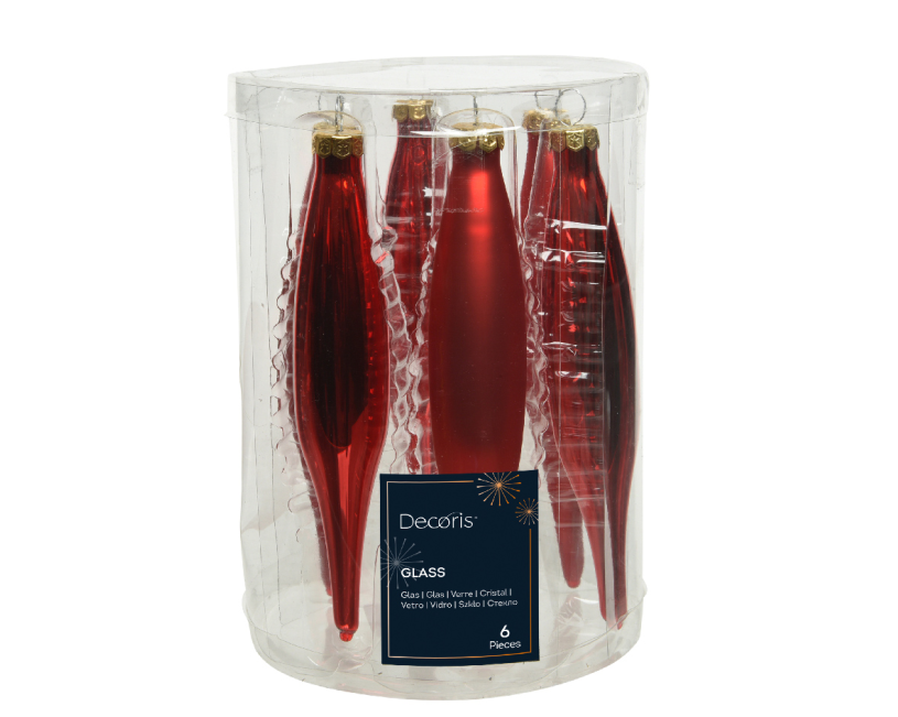 Kerstbal Glas IJspegel 15.00cm 6 stuks - Rood