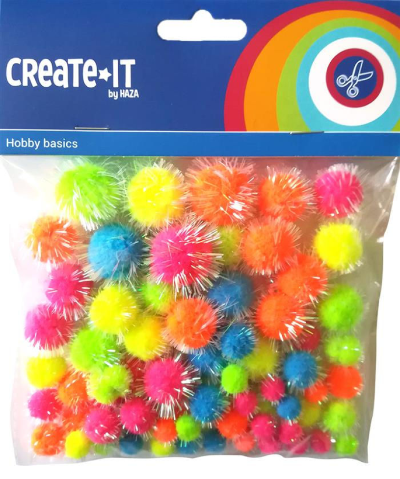 Create-It Pompoms glitter neon mix 75 stuks