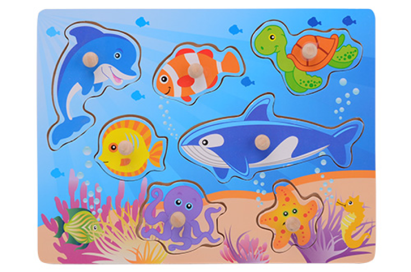 Houten knopjespuzzel +/- 30x22cm 3 assorti