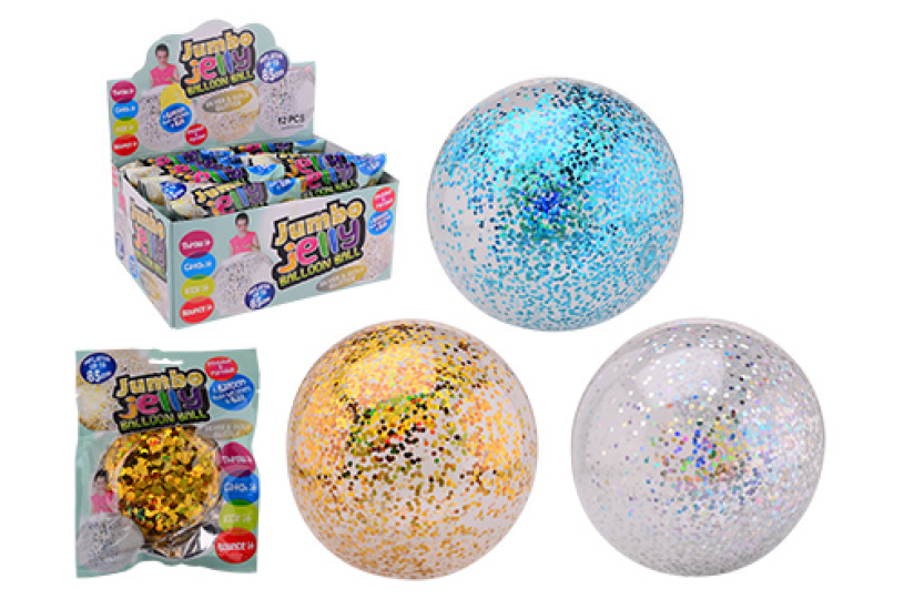 Opblaasbare bubbelbal met glitter in display 3 assorti