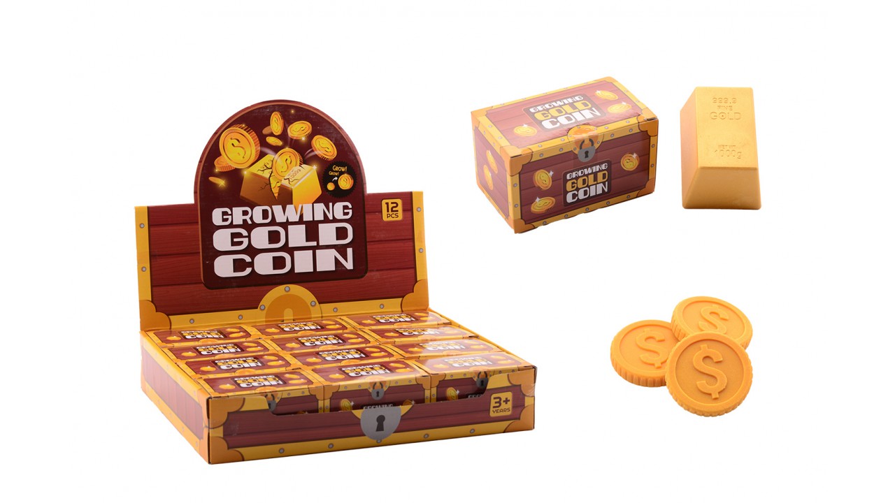 Groeiende munt in goudstaaf in display