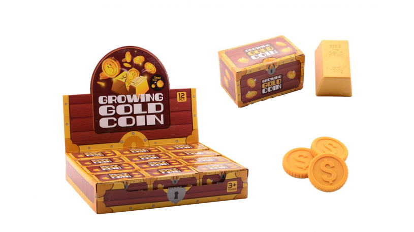 Groeiende munt in goudstaaf in display