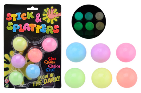 Sticky stretch glow in the dark ballen op kaart, 6 stuks