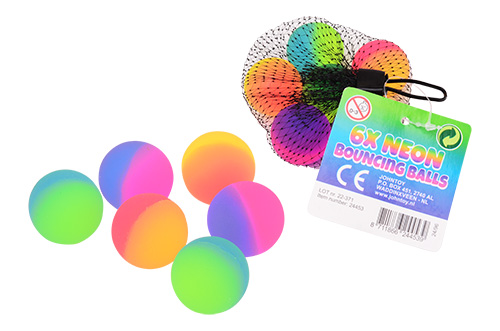 Twee kleurige neon stuiterballen in 6 stuks net, 3 assorti