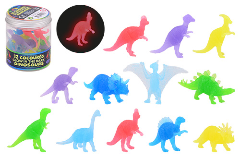 Glow in the dark gekleurde dino 12 stuks in koker