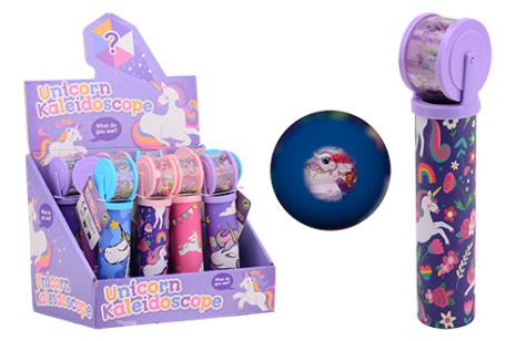 Kaleidoscoop eenhoorn met draaiende lens in display assorti