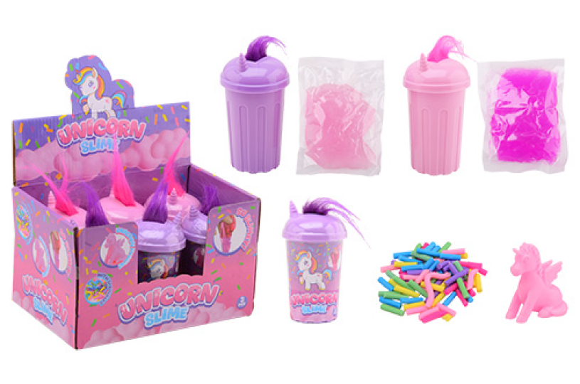 Eenhoorn slijm set in container met eenhoorn haar display