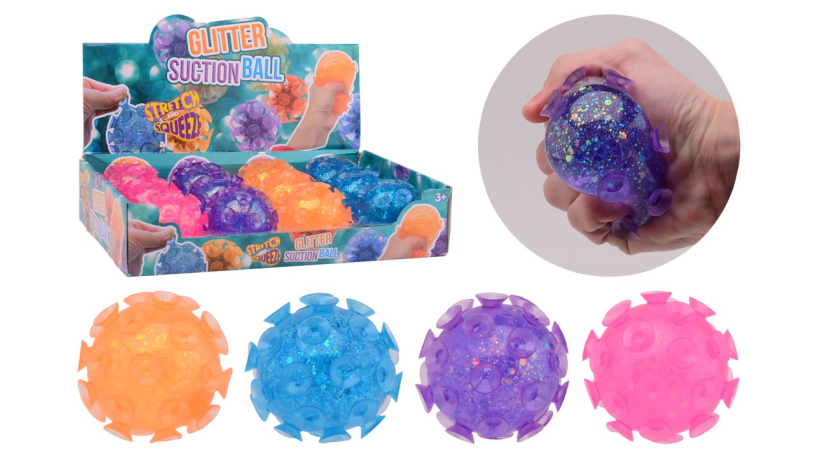 Glitter zuignappen bal in display - 4 assorti