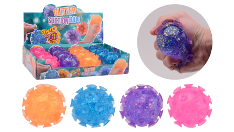 Glitter zuignappen bal in display - 4 assorti