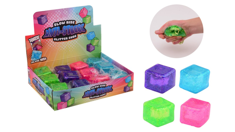Slow rise antistress glitter kubus in display - 4 assorti