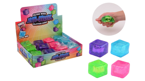 Slow rise antistress glitter kubus in display - 4 assorti