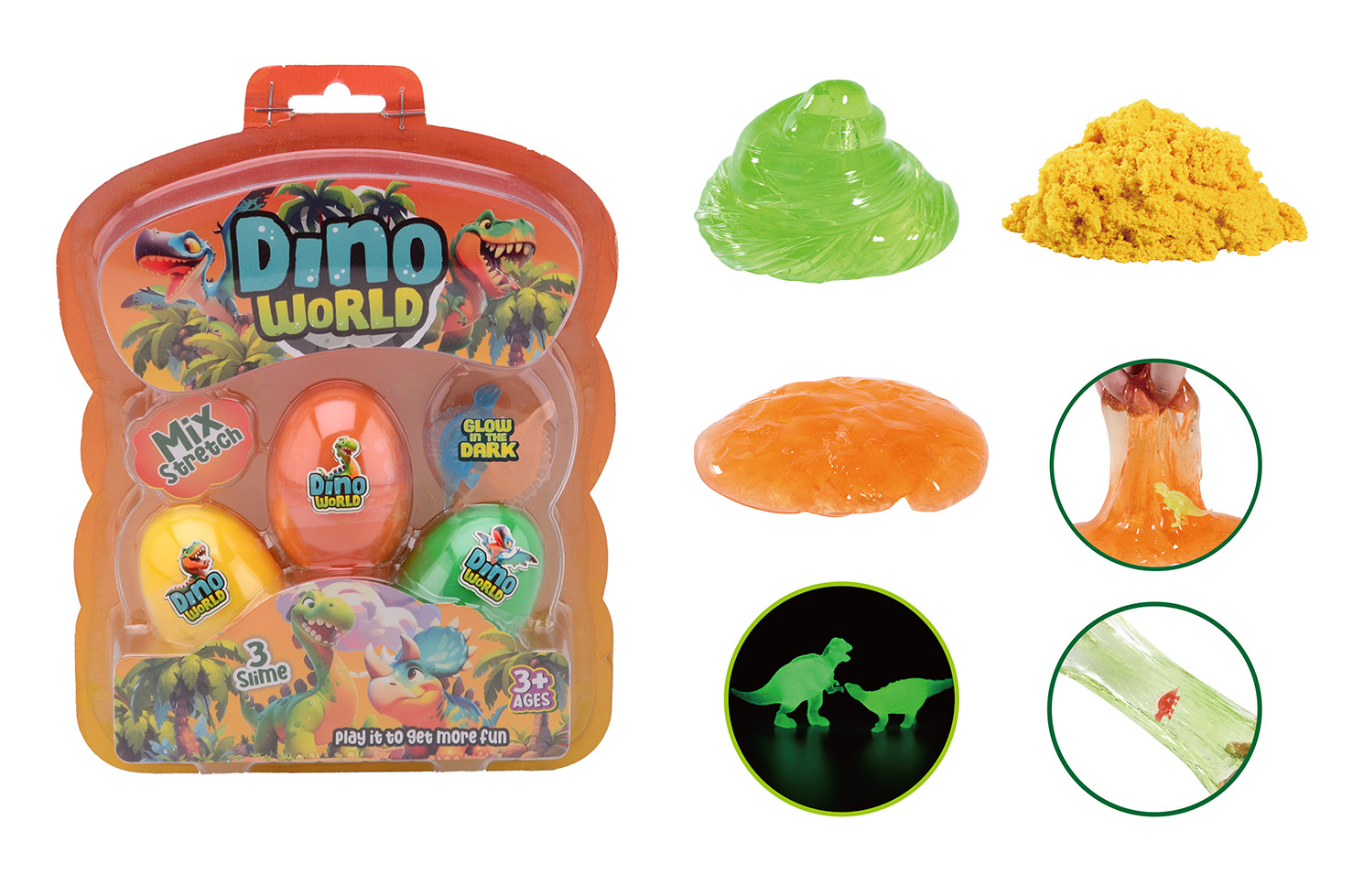 Dino World - 3 slijm eieren met glow in the dark dino op kaa
