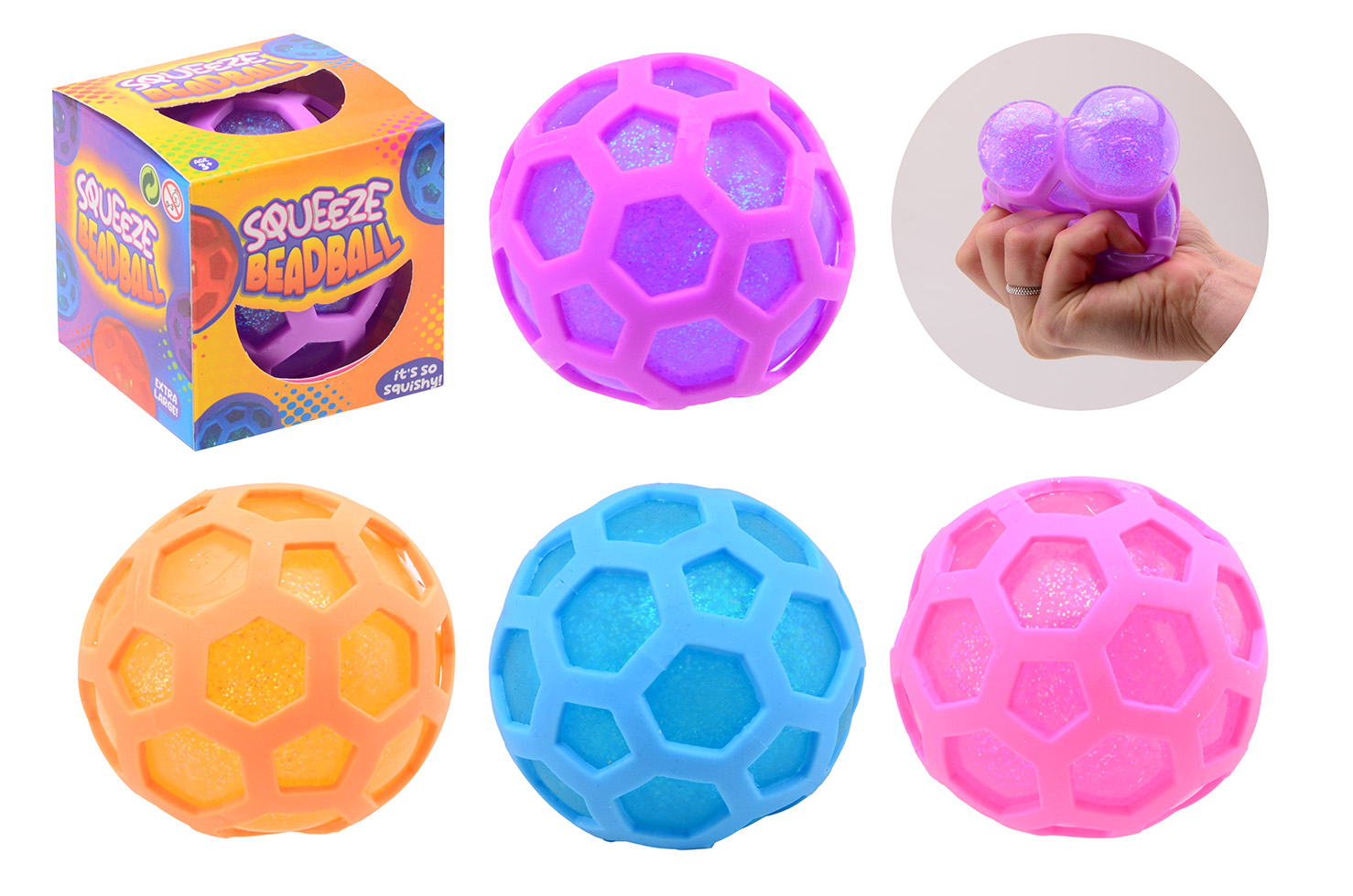 Glitter squeeze zeshoek bal in doos 4 assorti