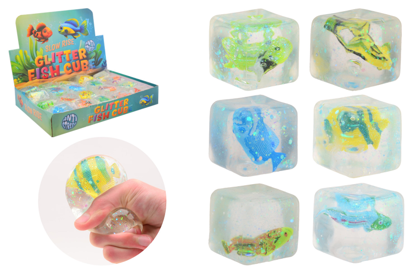 Slow rise glitter kubus met vis - 12 assorti in display