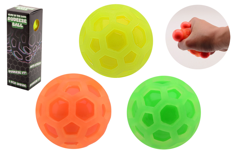 Zeshoekige glow in the dark squeeze ballen in doos - 3 stuks
