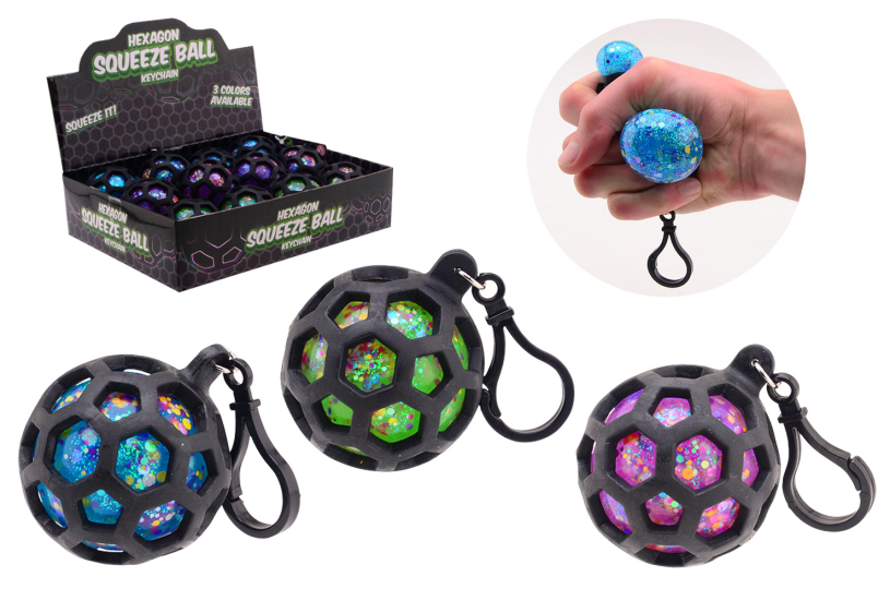 Zeshoekige squeeze glitter bal sleutelhanger, 3 assorti