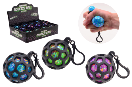 Zeshoekige squeeze glitter bal sleutelhanger, 3 assorti