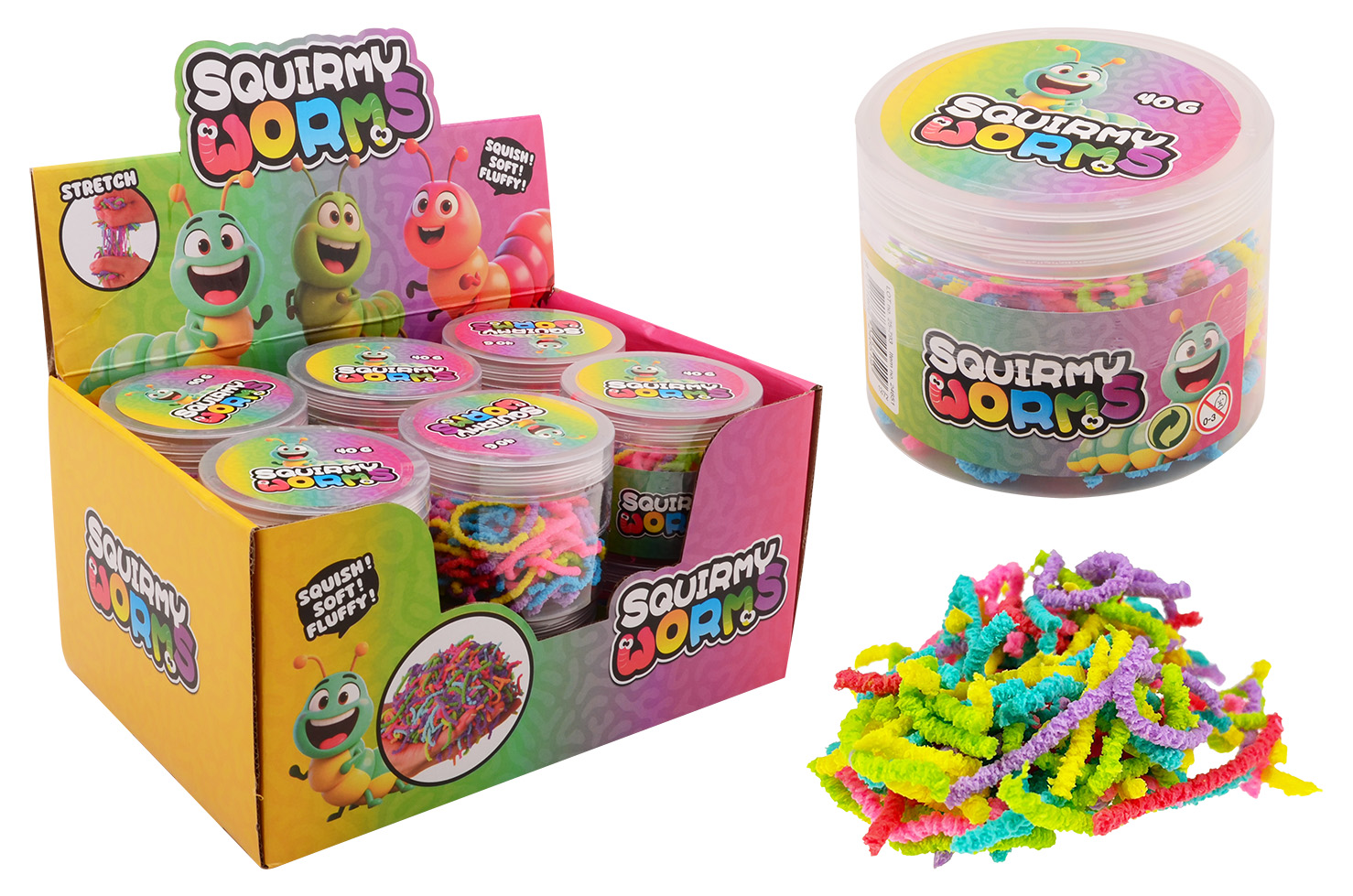 Squirmy regenboog wormen pot 40 gram in display