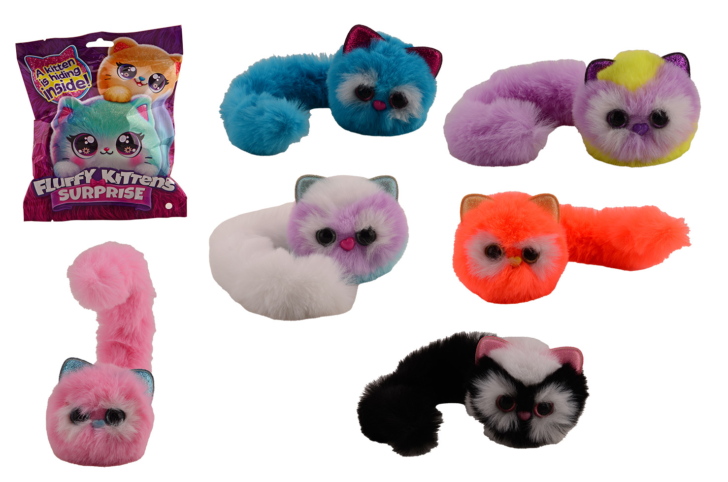 Fluffy kittens met lange staart in surprise bag 6 assorti