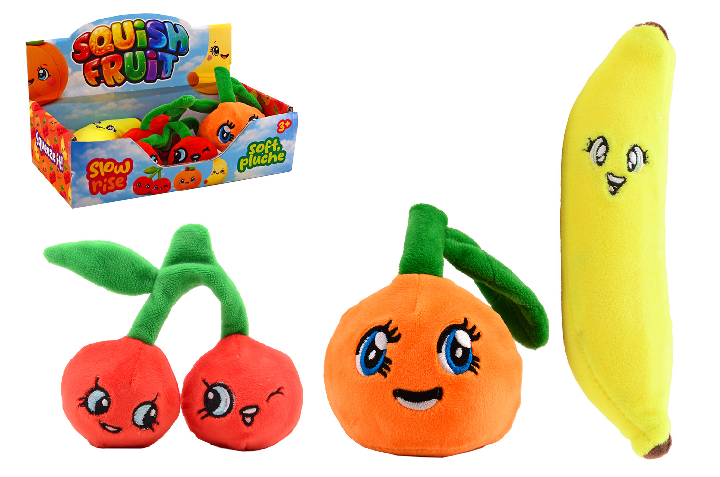 Slow rise pluche fruit in display - 3 assorti