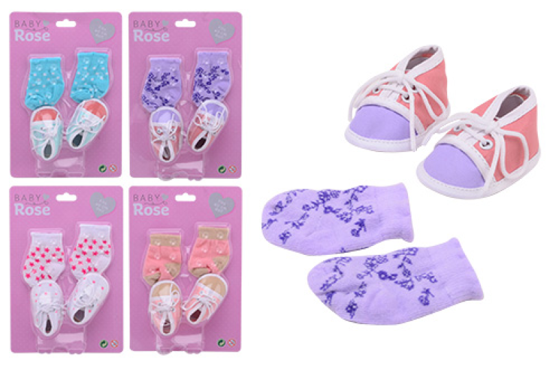 Baby Rose poppensokken en schoenen op kaart 4 ass