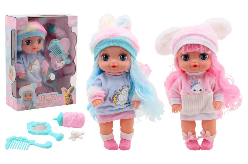 Jenny drink en plaspop 30cm met grote ogen assorti