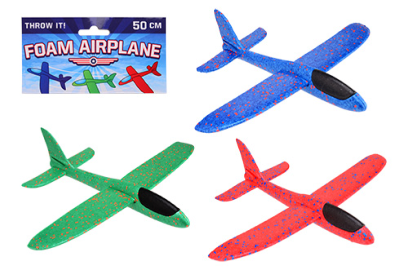 Foam vliegtuig 50cm in zak - 3 assorti
