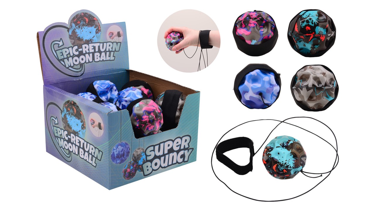 Gooi en vangspel maanbal met polsband in display 4 assorti