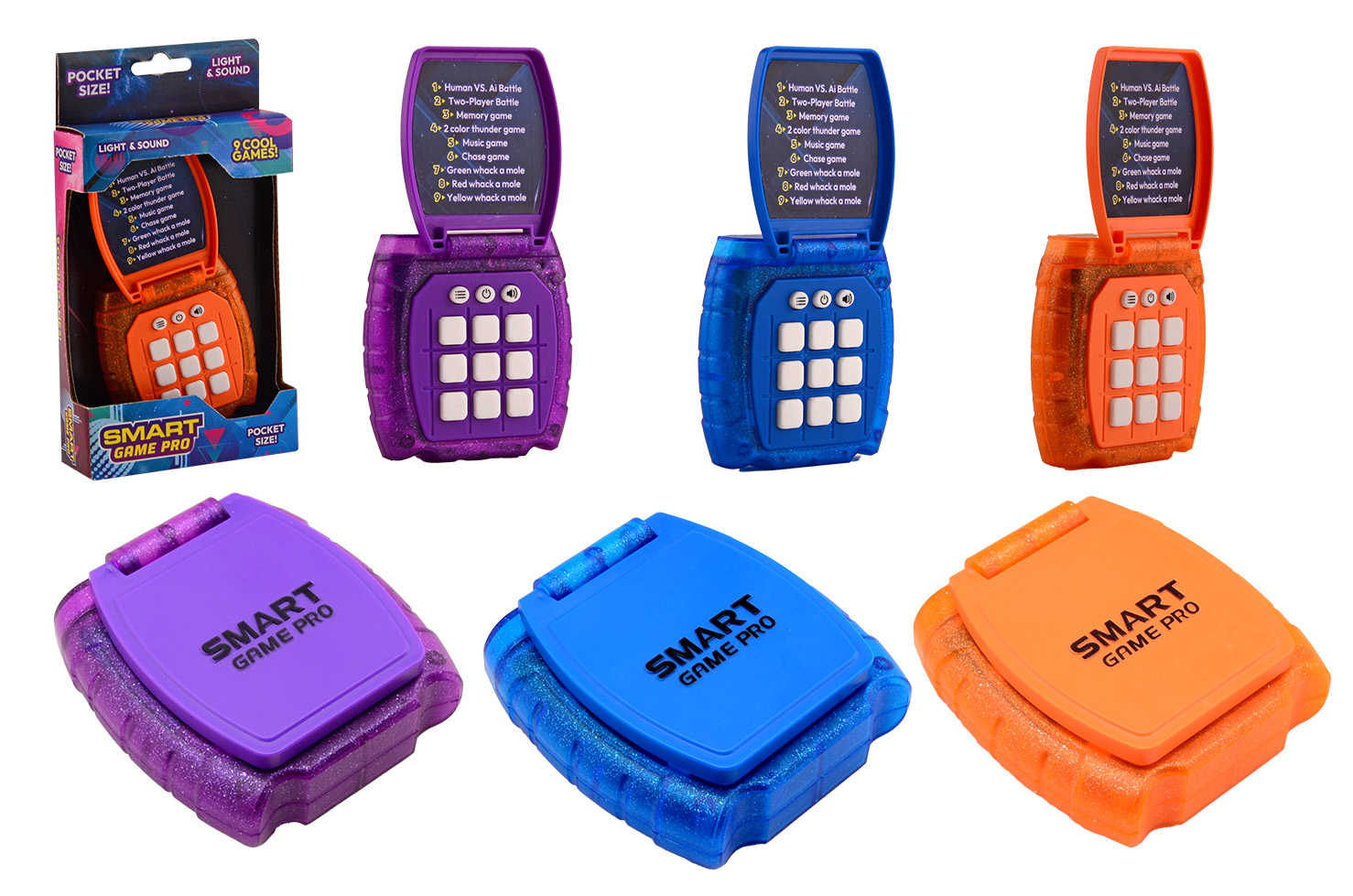 Multiple-game spelcomputer in doos assorti