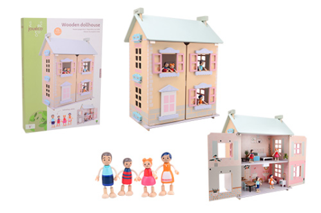 Joueco - Houten poppenhuis met 15 meubels en 4 poppen