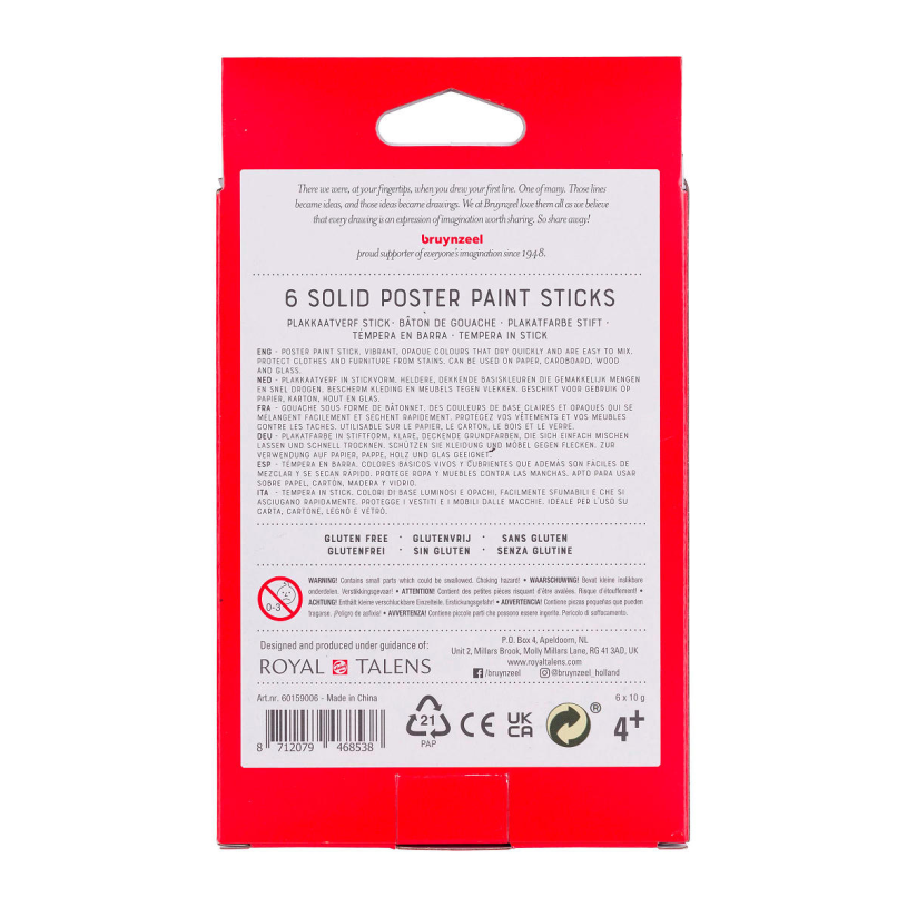 Bruynzeel Kids Plakkaatverf sticks set Basic 6 kleuren