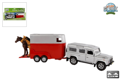 Kids Globe Die Cast pull back Landrover met paardentrailer