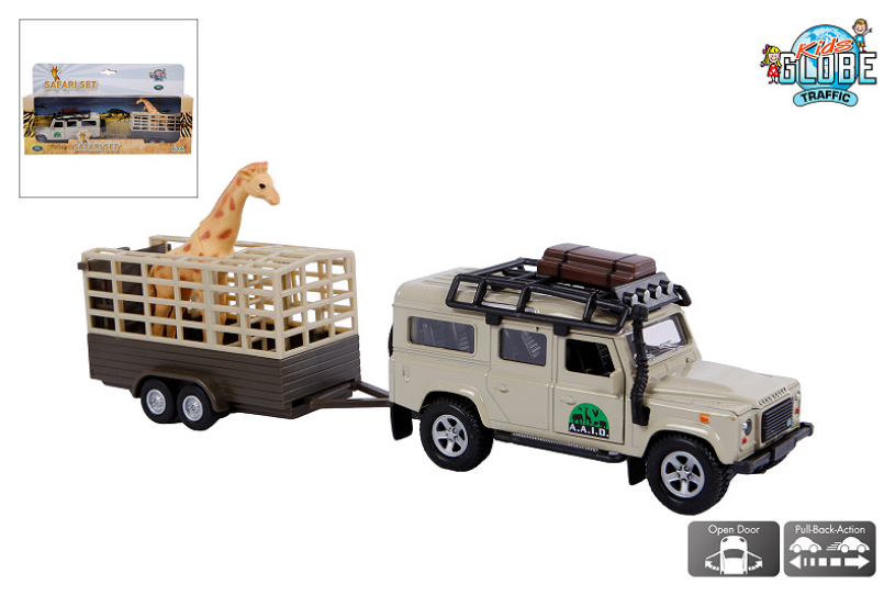 Kids Globe Die Cast pull back Landrover met Giraffe trailer