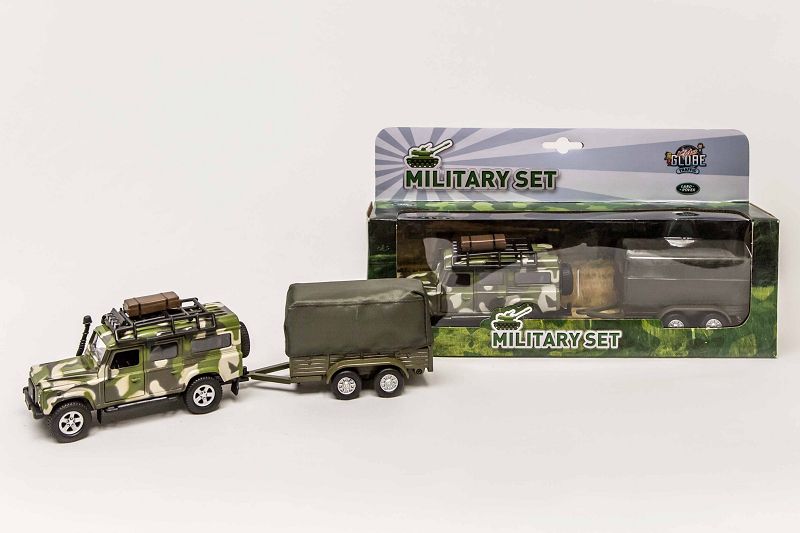 Kids Globe Die Cast pull back Landrover Army met aanhanger