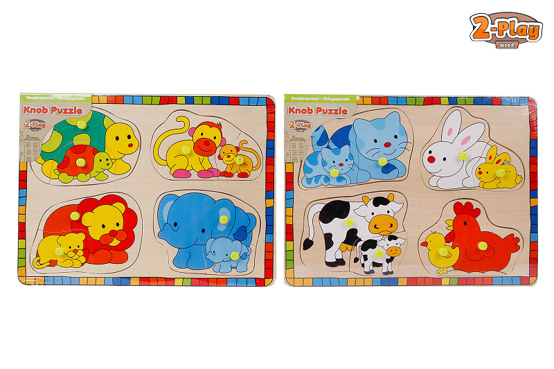 2-Play Knopjespuzzel hout 8 stukjes dier mama/kind 2ass.