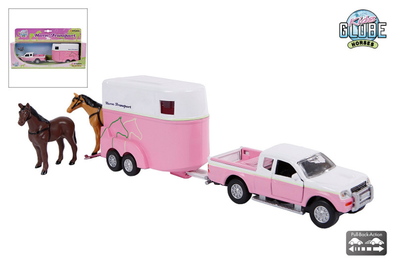 Kids Globe Die Cast pull back Mitsubishi met paardentrailer