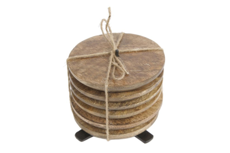 Onderzetters op pin-houder naturel mango 6 stuks