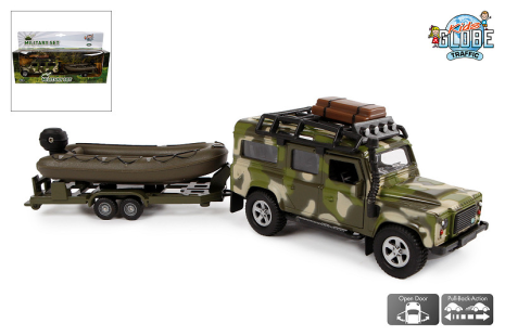 Kids Globe Die Cast Land Rover met boot en aanhanger 27cm